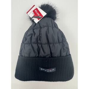 Women's Spyder NWT Black Down Quilted Beanie Hat With Plush Lining One Size